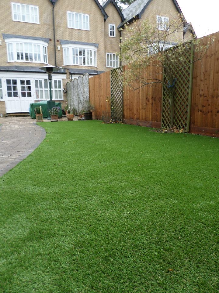 Freshly installed synthetic lawn in a fenced backyard